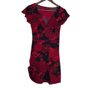 Vintage Y2K Zinc Faux Wrap Mini Dress S Black Red Asian Floral Flutter Sleeves